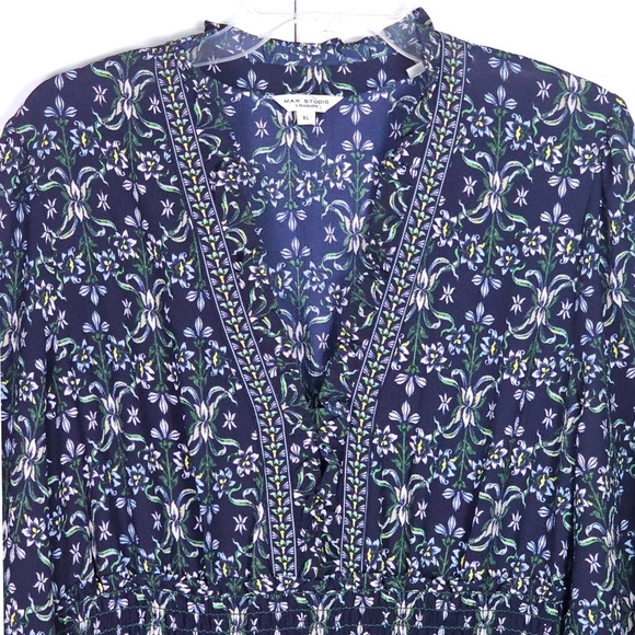 Max Studio London Navy Blue Floral Tiered Maxi Dress XL Smocked Boho Peasant - Picture 4 of 9